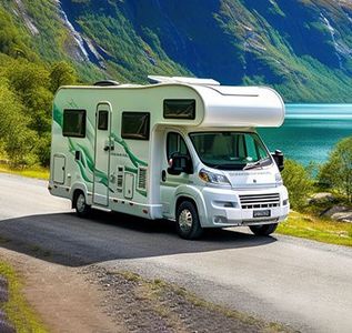 White and green RV driving on a road near a lake and mountains.