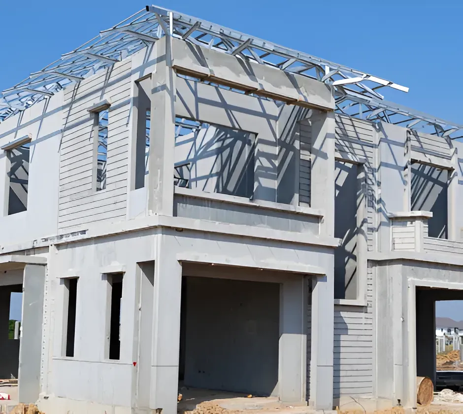 A two-story house under construction with grey concrete walls and an exposed metal roof frame against a clear blue sky.