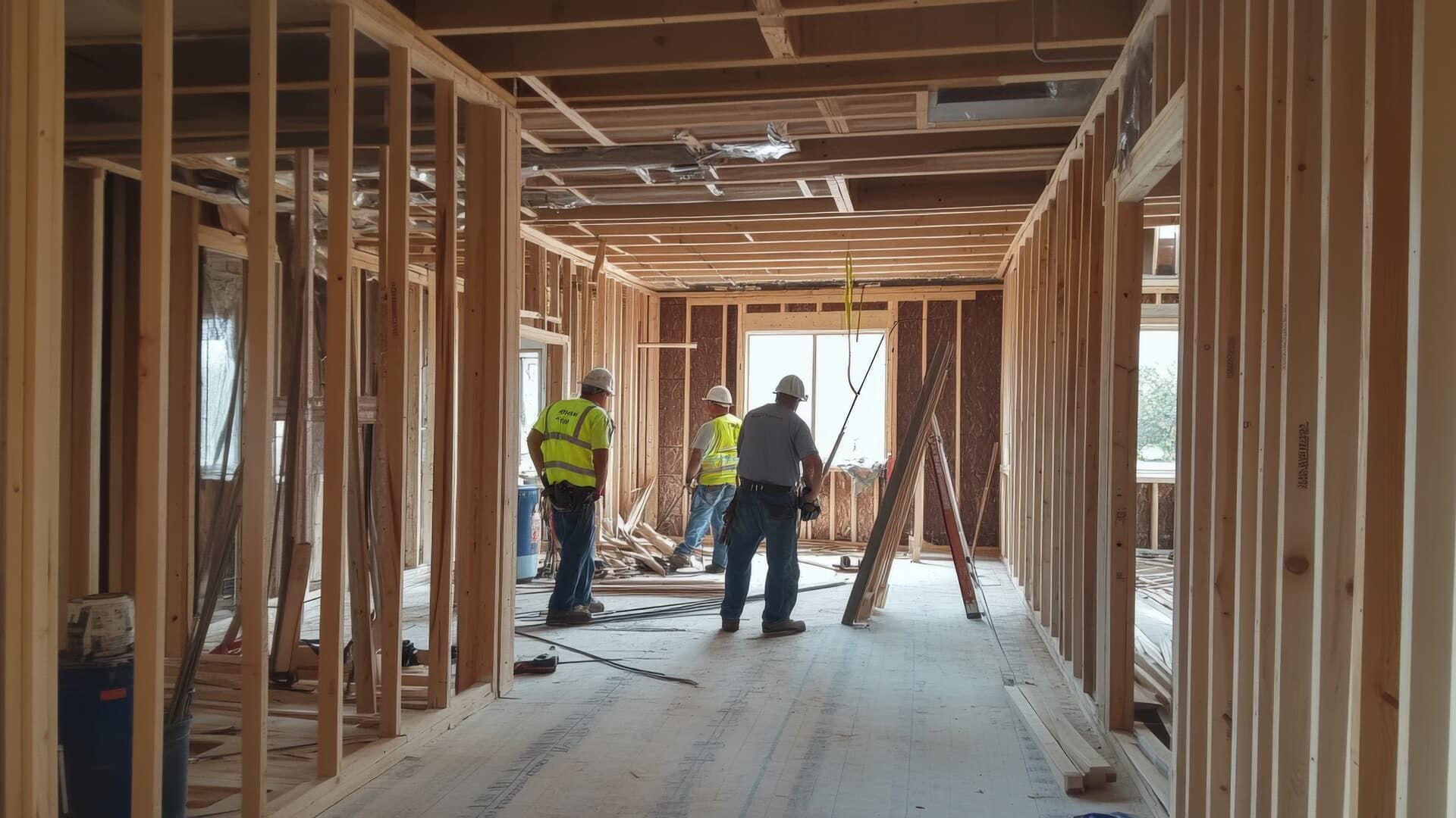 Construction workers in safety gear frame the interior of a residential building project.