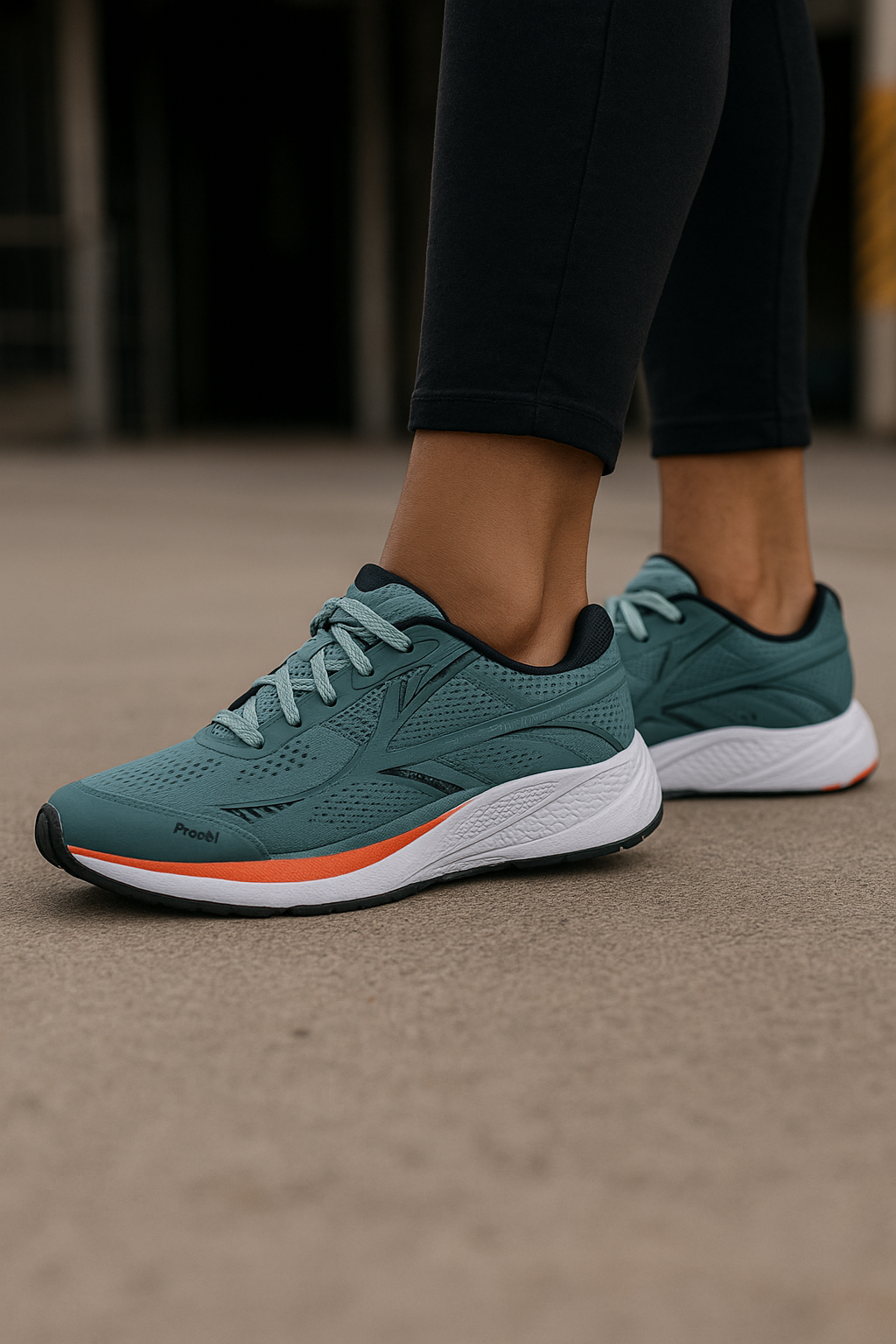 A person is wearing a pair of green running shoes.