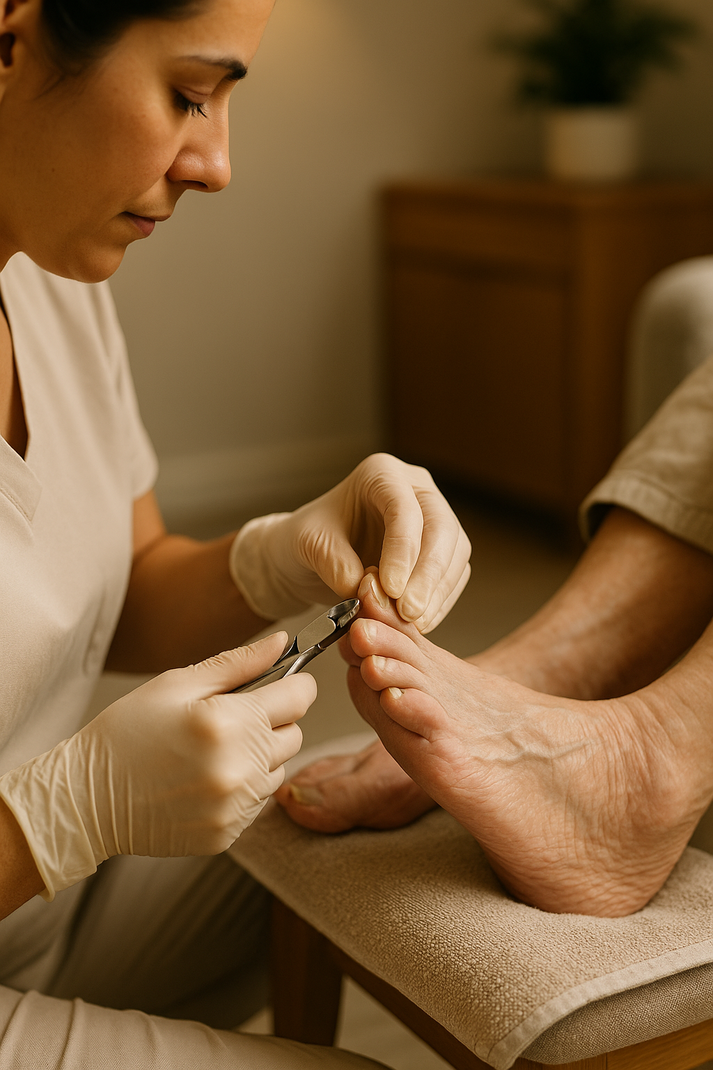 A woman is cutting a man 's toenails in a salon.