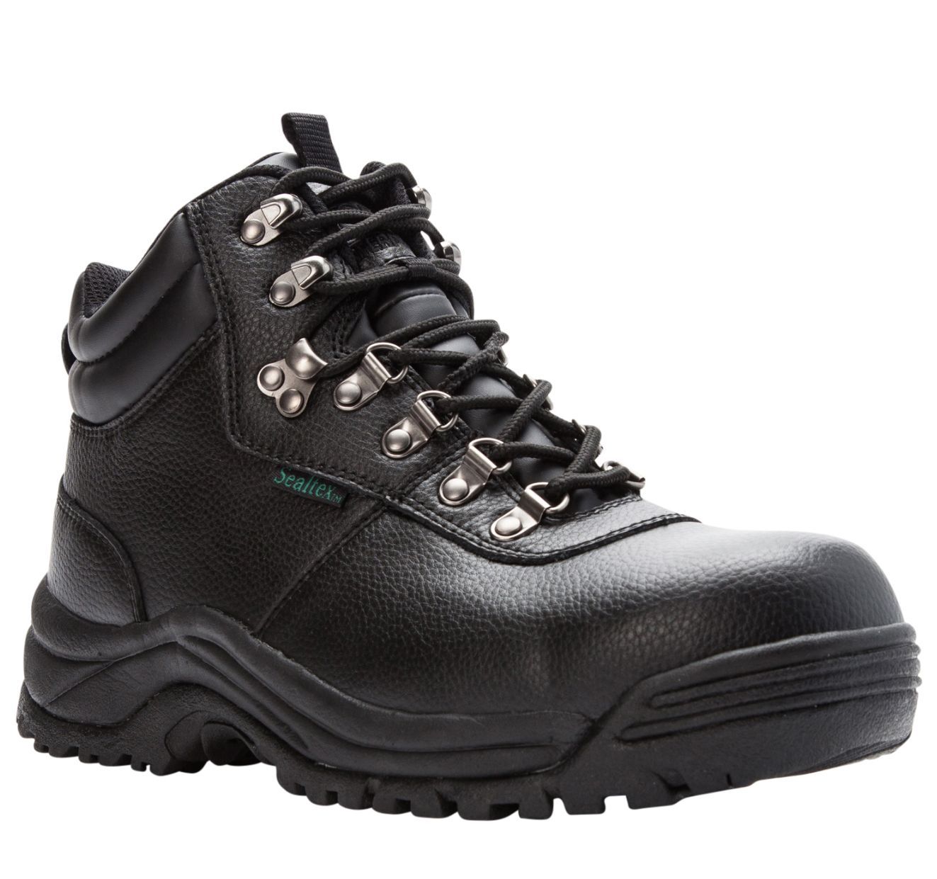 A pair of black hiking boots on a white background