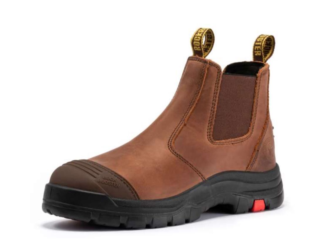 A pair of brown safety boots with a black sole
