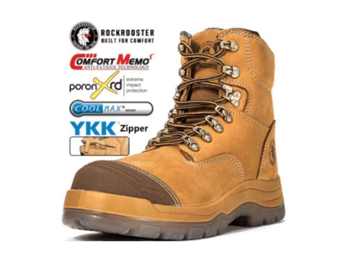 A pair of brown safety boots with a zipper on the side