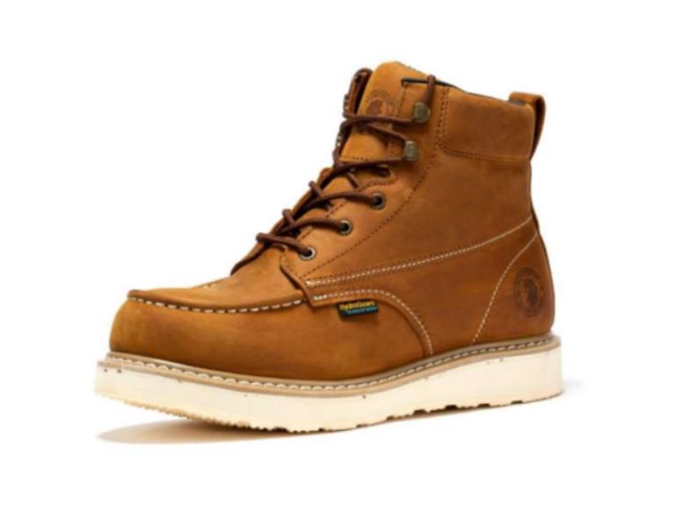 A pair of brown boots with a white sole on a white background