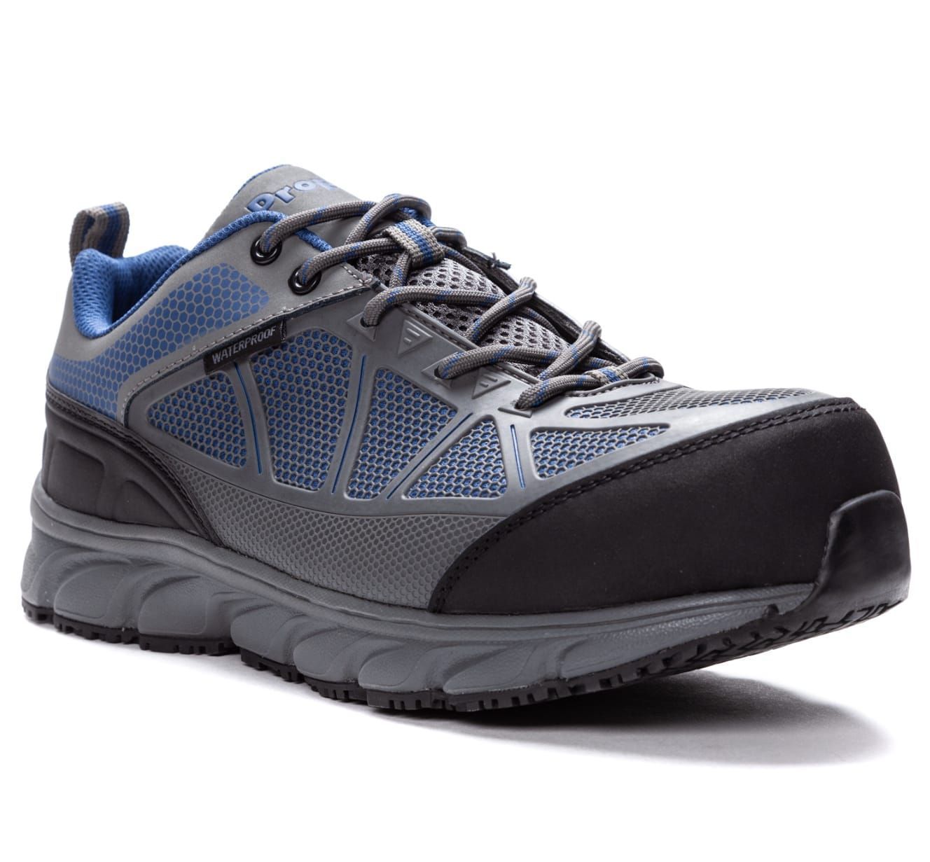 A pair of gray and blue safety shoes on a white background.