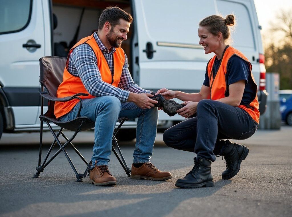 A man and a woman are sitting next to each other in front of a van.
