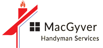 A logo for macgyver handyman services with a red house and a chimney