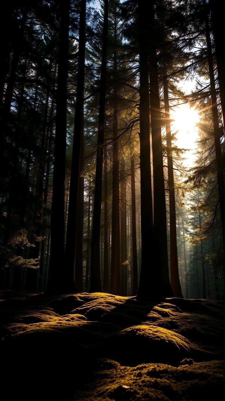 Sunlight filters through tall trees in a dark forest, illuminating the mossy ground.