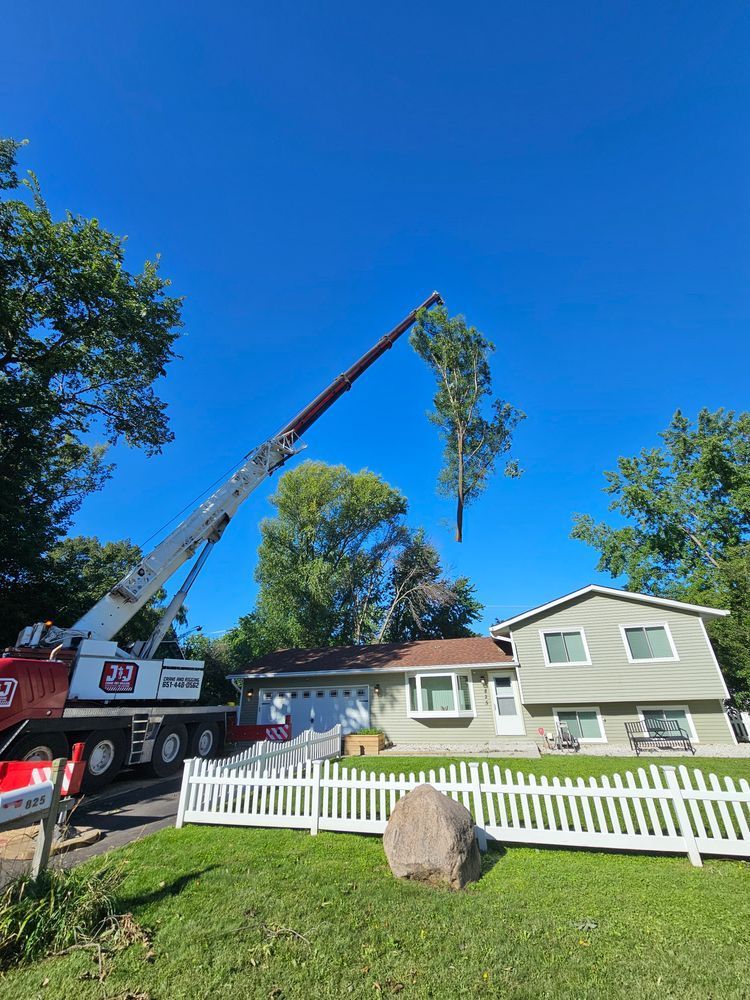 A crane lifting a tree section away from a two-story house on a sunny day.