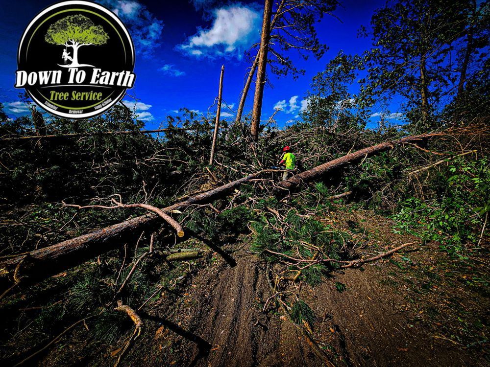 Down To Earth Tree Service logo over tree debris and a person working outdoors.