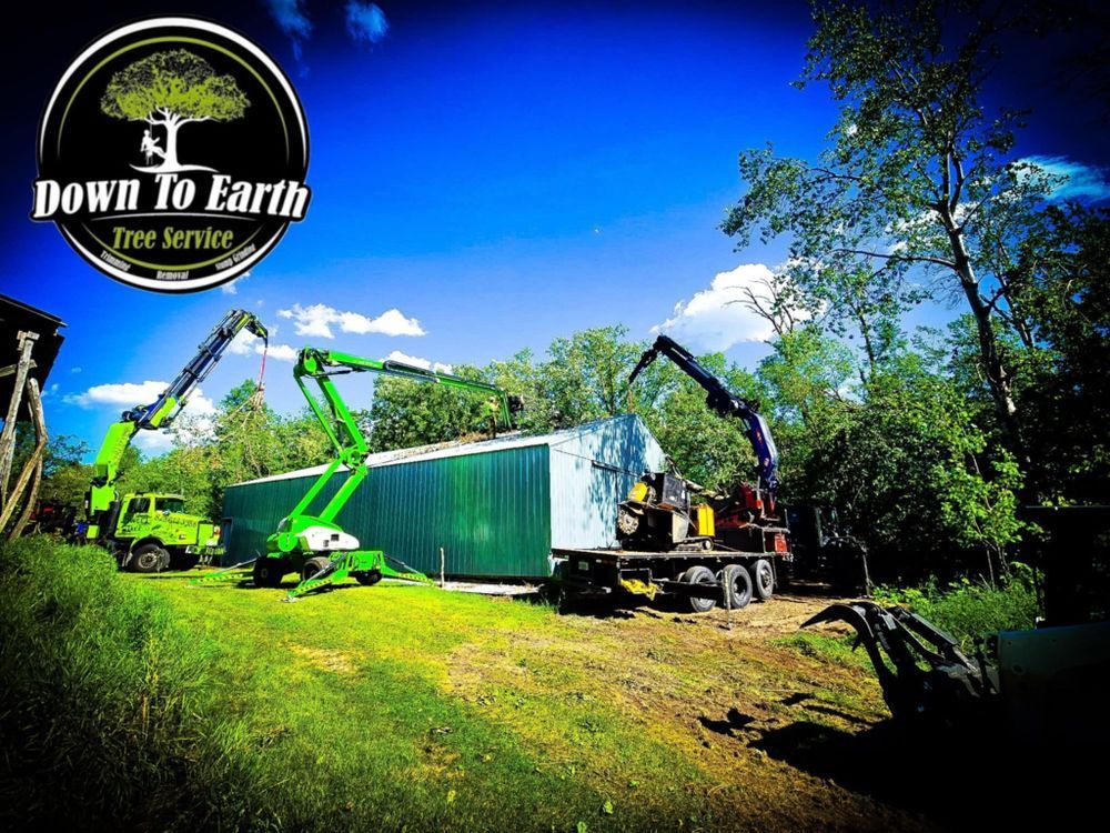 Down To Earth Tree Service: cranes lifting building materials in a lush green field with blue sky.