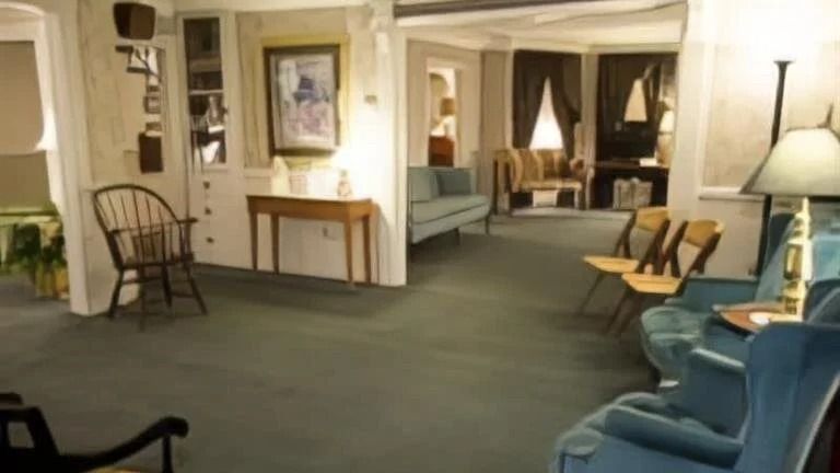 A waiting room with teal chairs, wooden chairs, a table, and a framed picture.