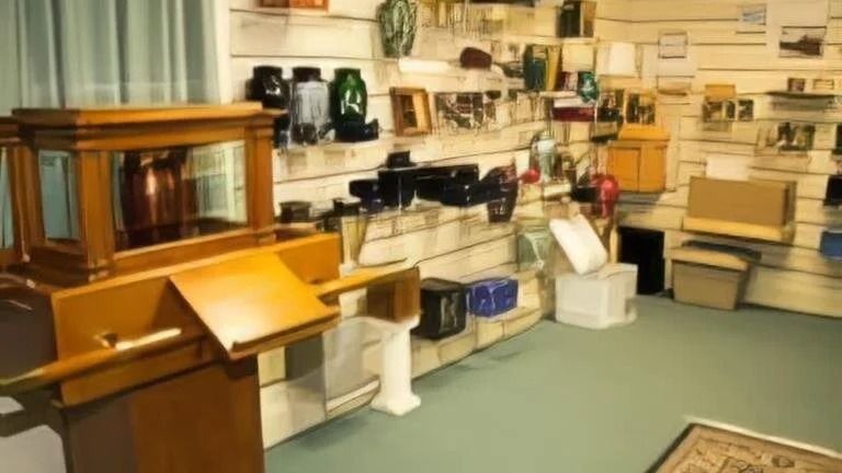 A funeral home showroom with urns, displays, and a wooden podium.