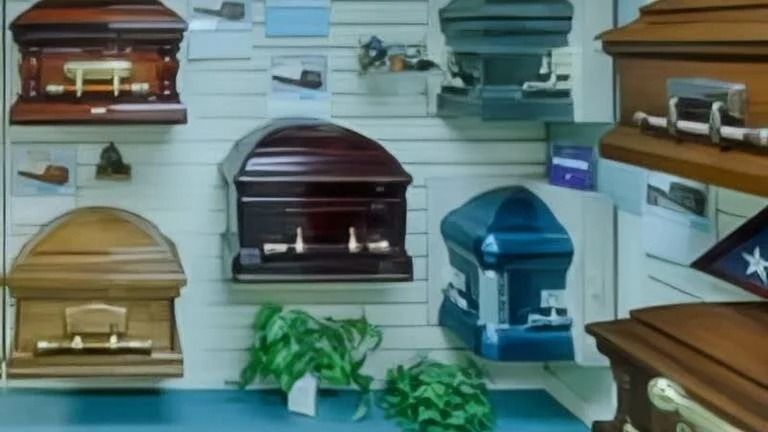 Caskets on display in a store; various colors, wood finishes. Interior setting with plants.