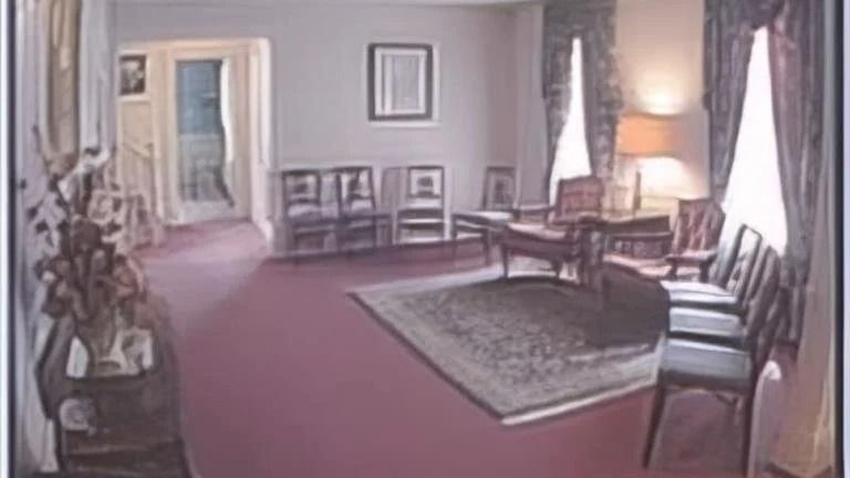 A well-lit room with formal furniture, including chairs, a table, and a rug, with a door leading to an outdoor area.