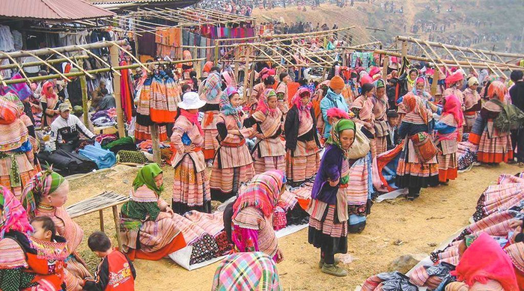 Ethnic minority women in traditional dress at Bac Ha market