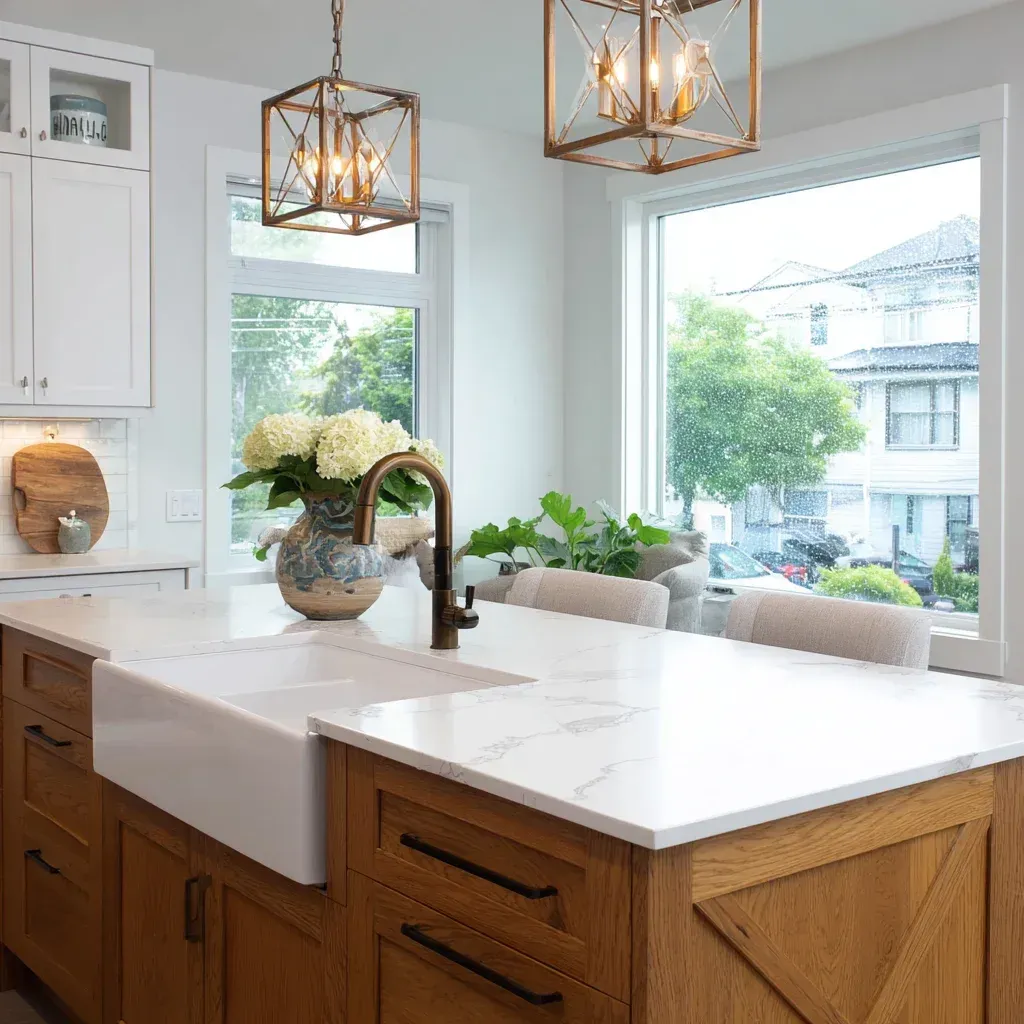 Modern Vancouver kitchen remodeling project with quartz island seating area, hardwood flooring installation, and upgraded lighting fixtures.
Vancouver BC kitchen renovation services including shaker cabinet replacement, backsplash installation, and granite countertop upgrade.
High-end kitchen renovation Vancouver featuring marble waterfall island, custom millwork cabinetry, and premium appliance installation.
Full kitchen remodeling Vancouver BC including demolition, structural framing, quartz slab countertops, and hardwood flooring replacement.
Vancouver kitchen renovation displaying granite island extension, porcelain tile flooring installation, and brushed nickel cabinetry hardware upgrades.