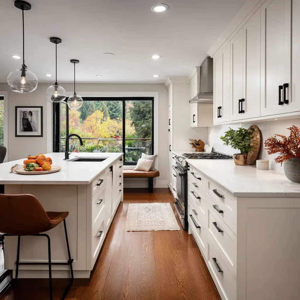 High-end Vancouver kitchen remodeling transformation featuring marble waterfall island, hardwood flooring refinishing, and premium full-height cabinet installation.
Vancouver kitchen remodel before and after highlighting quartz slab countertops, expanded island seating area, and open-concept kitchen redesign.
Full-service kitchen renovation Vancouver including demolition, framing, drywall finishing, cabinetry installation, backsplash tiling, and modern lighting upgrades.
Modern Vancouver kitchen remodeling project with custom island construction, quartz surfaces, under-cabinet LED lighting, and integrated appliance installation.
Professional kitchen renovation Vancouver featuring granite countertops, engineered hardwood flooring, custom cabinetry, and optimized work triangle layout.