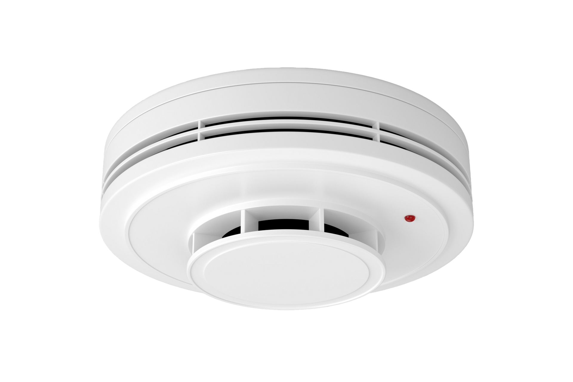 A white smoke detector with a red light on it on a white background.