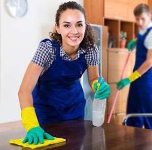 Woman Smiling While Cleaning A Desk — Cleaning Services In Ames, IA