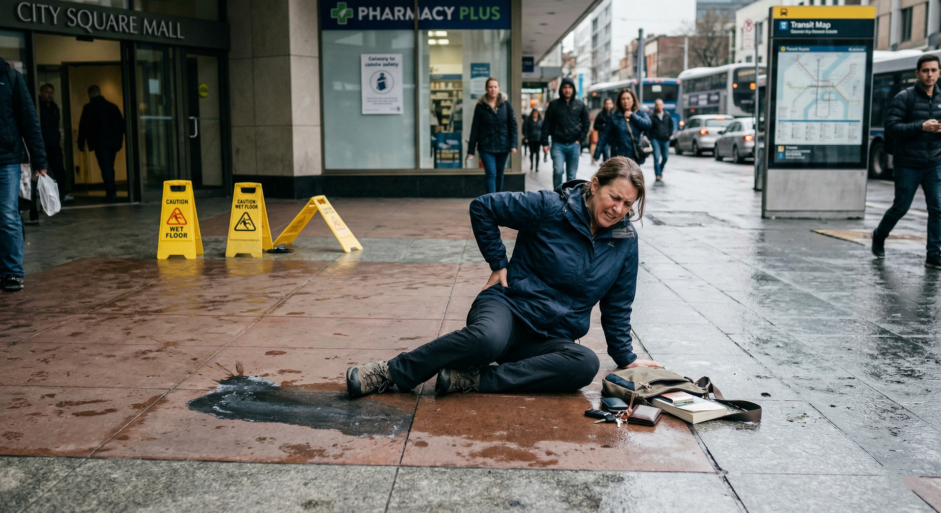 A person sits on a wet city sidewalk after falling, clutching their back near yellow caution signs and a store entrance.