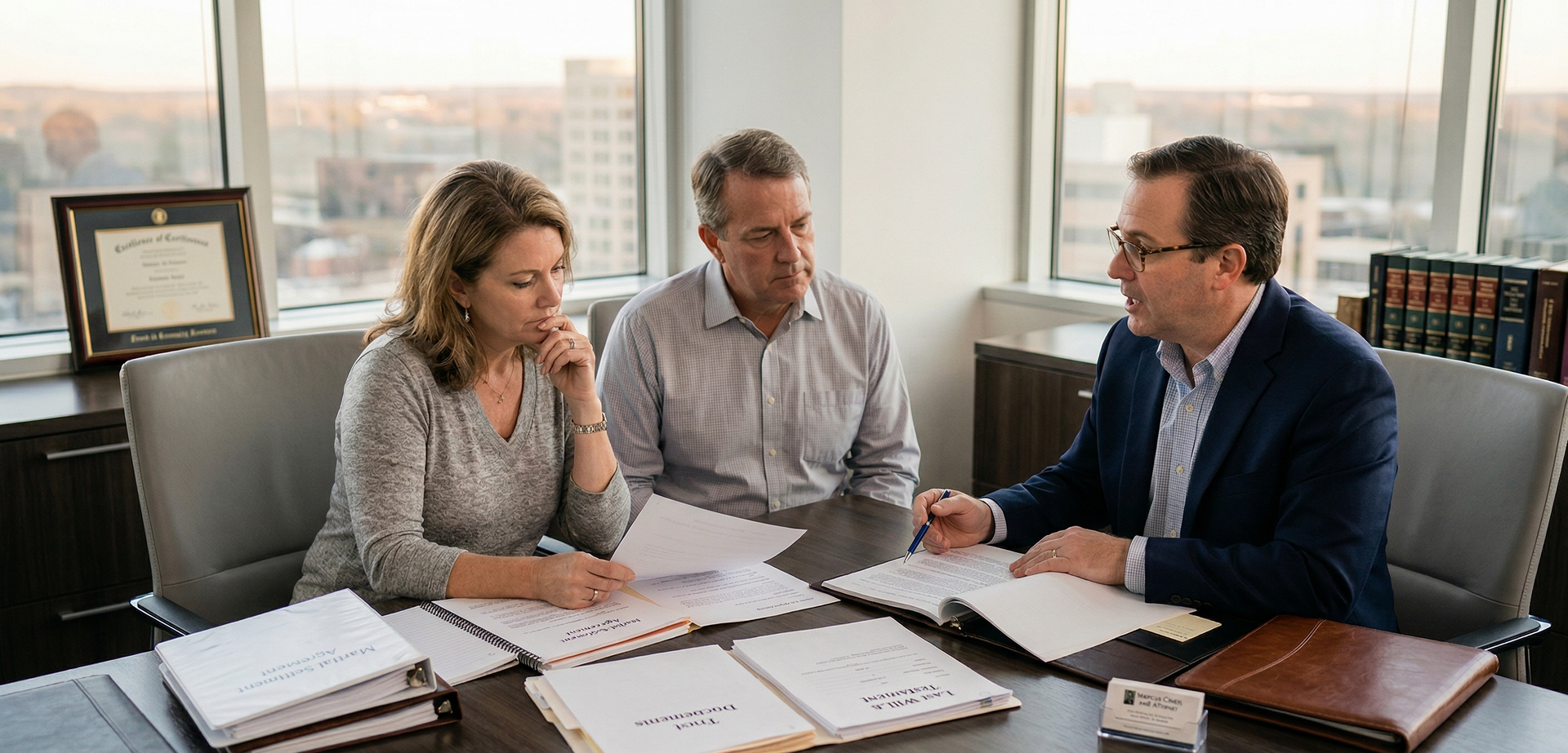 Three people sit at a desk in an office overlooking a city, reviewing documents together during a professional meeting.