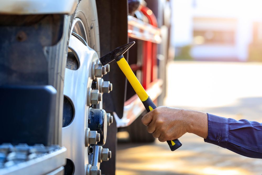 A Person Using a Hammer to Check Lug Nuts on A Truck Wheel — Centre Trailer Sales In Alice Springs, NT