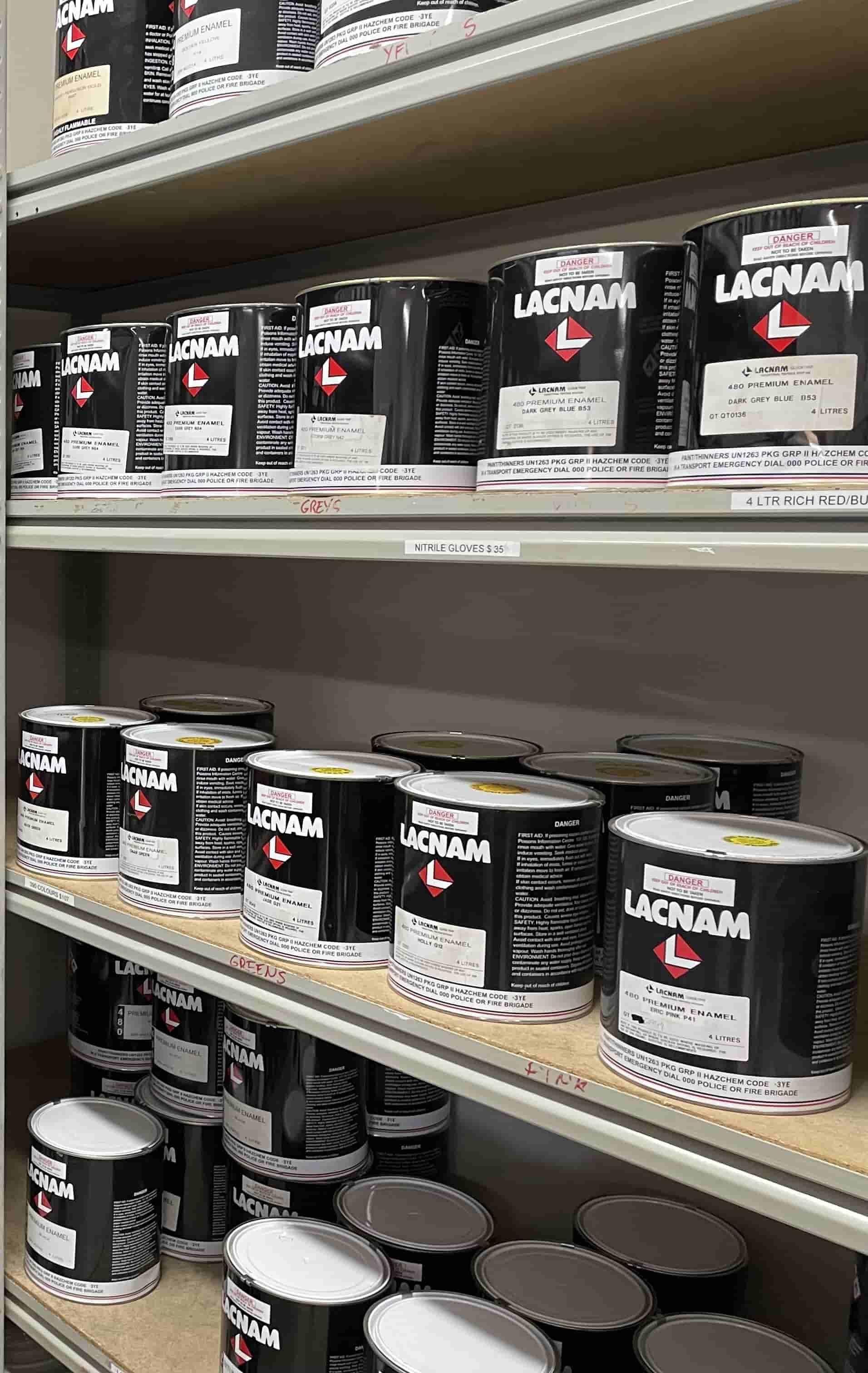 A Shelf Filled With Lots Of Cans Of Paint — Centre Trailer Hire and Parts In Ciccone, NT