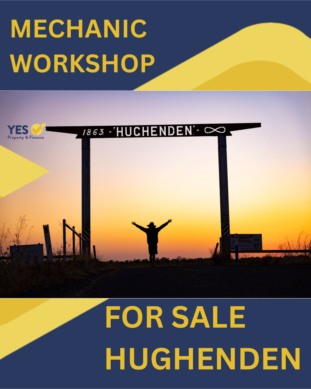 Mechanic workshop for sale in Hughenden. Person arms raised under gate at sunset. Blue and yellow banner.