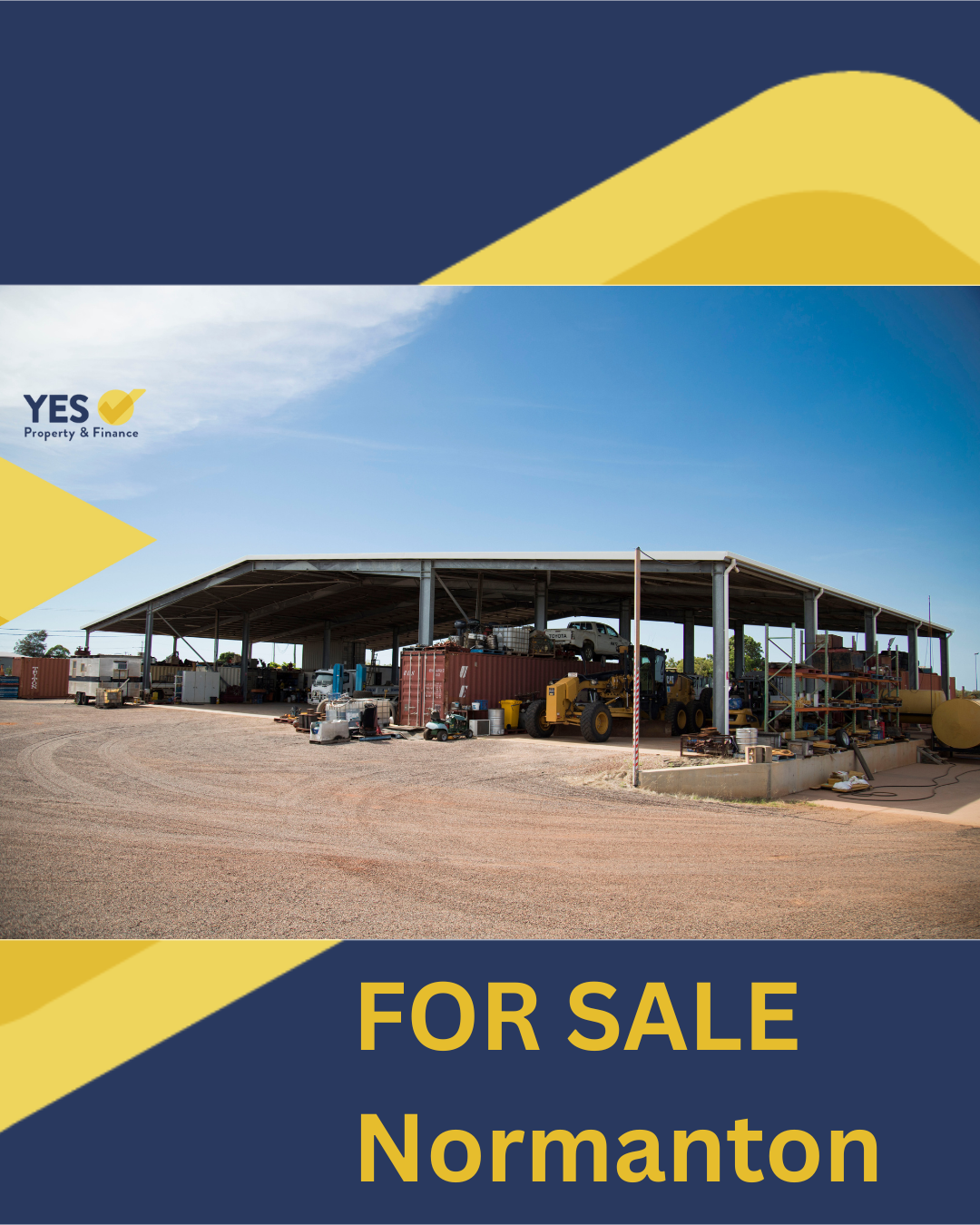 Metal building for sale in Normanton, with outdoor storage; blue and yellow graphic overlay.