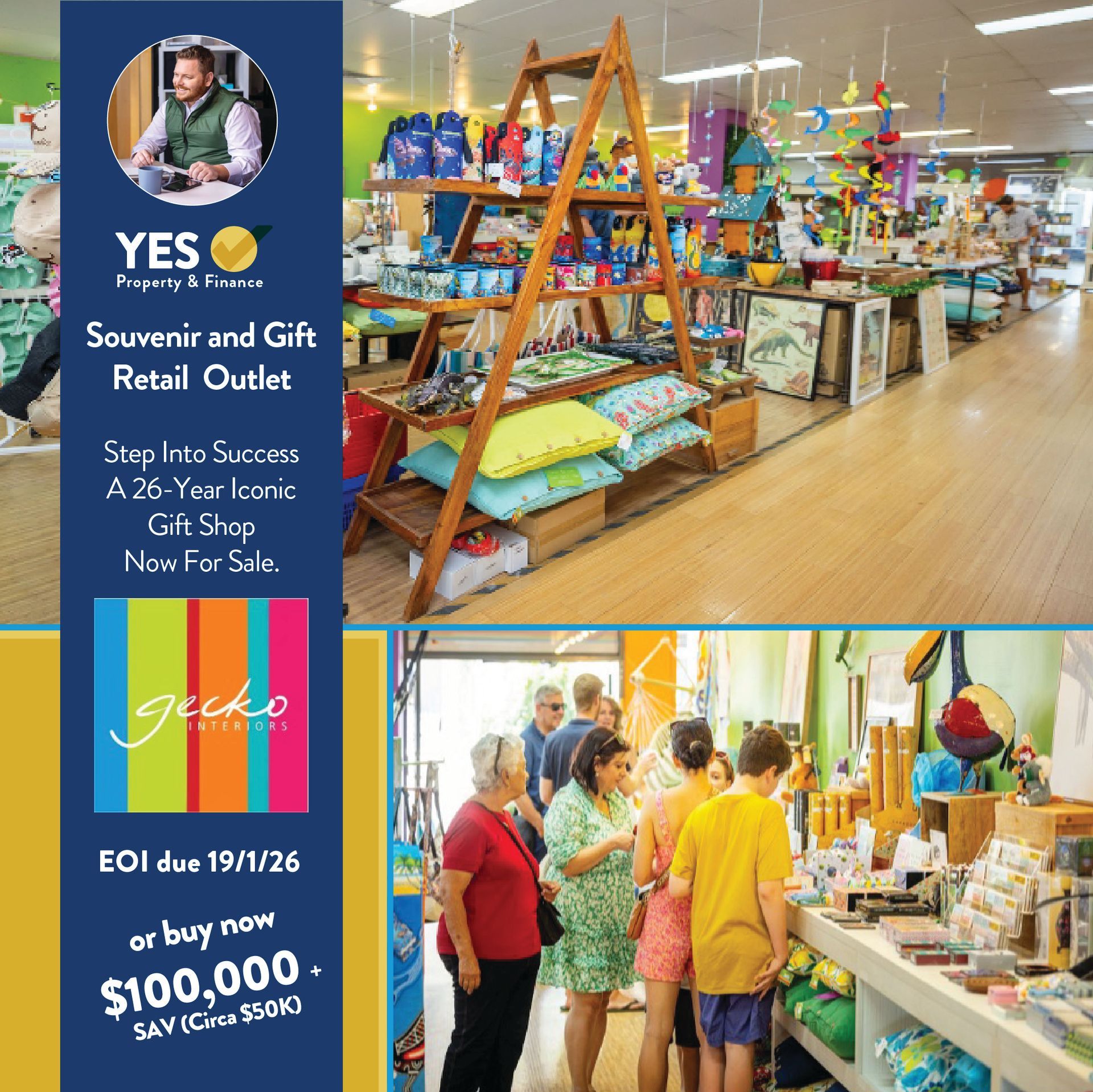 Souvenir shop for sale; inside view of colorful gift items, customers browsing. Text: 