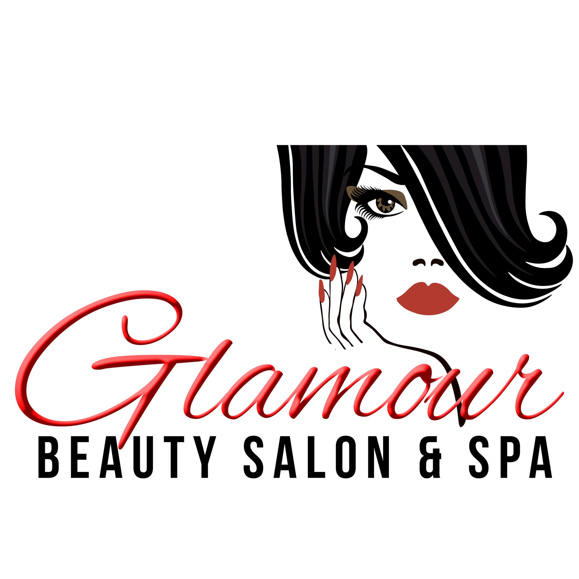 Glamour Beauty Salon & Spa logo: woman with dark hair, red lips, and nails; stylized script text.
