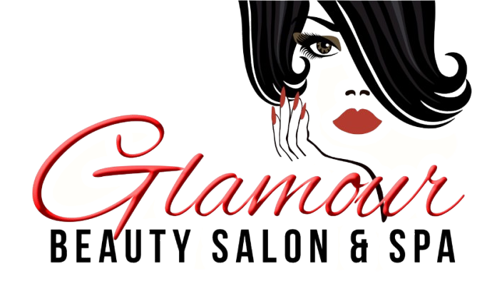 Glamour Beauty Salon & Spa logo: woman with dark hair, red lips, and nails; stylized script text.