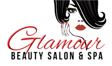 Glamour Beauty Salon & Spa logo: woman with dark hair, red lips, and nails; stylized script text.