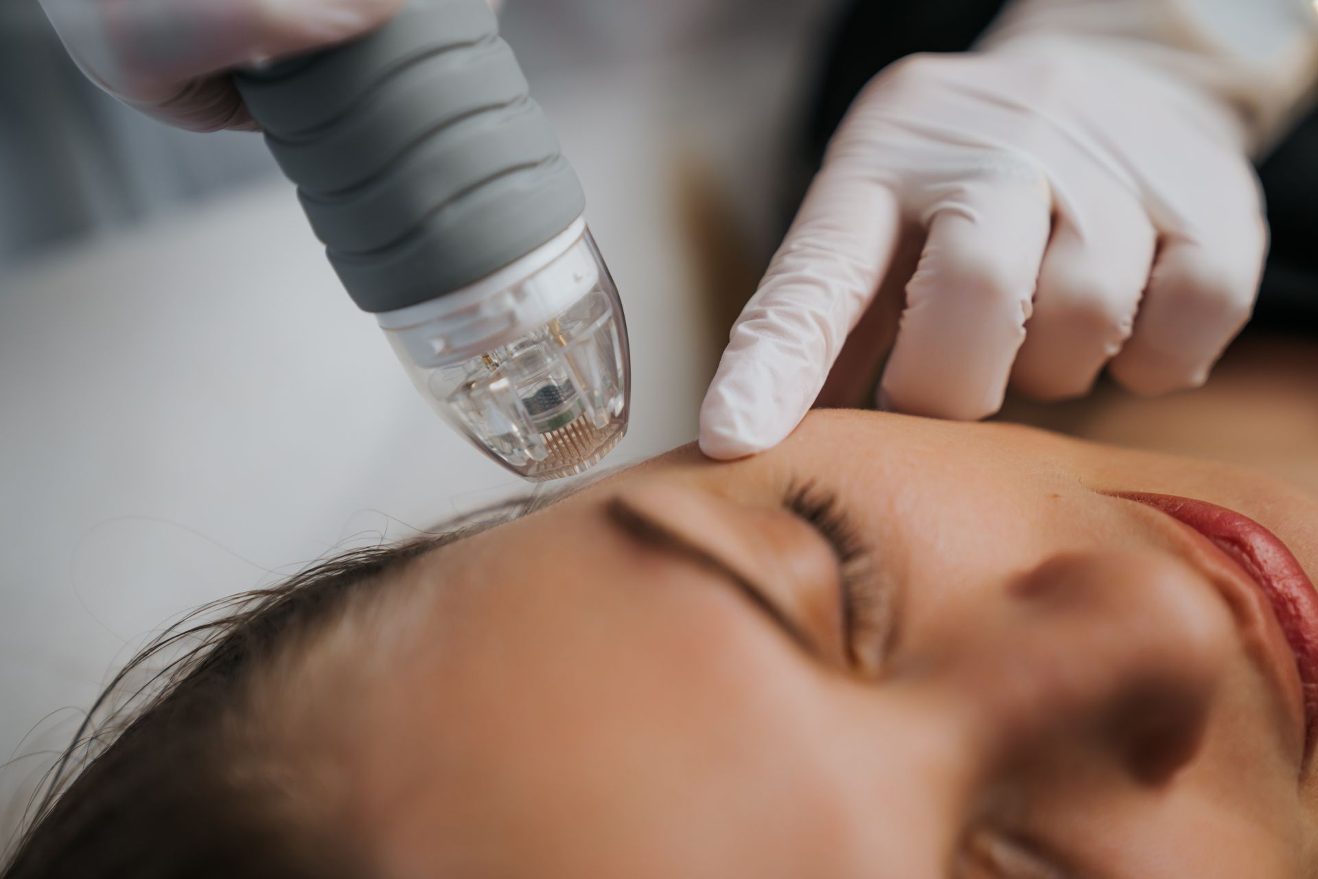 Cosmetic device treating forehead skin while gloved hands steady the face
