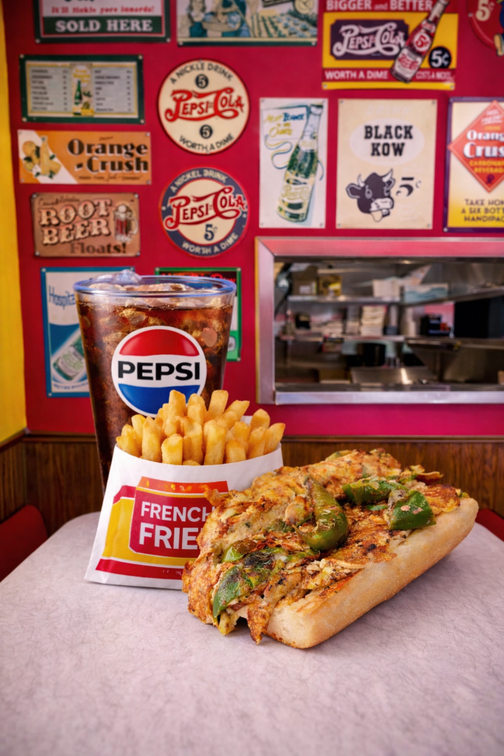 Pepsi, fries, and a hot dog on a table with vintage signs in the background.
