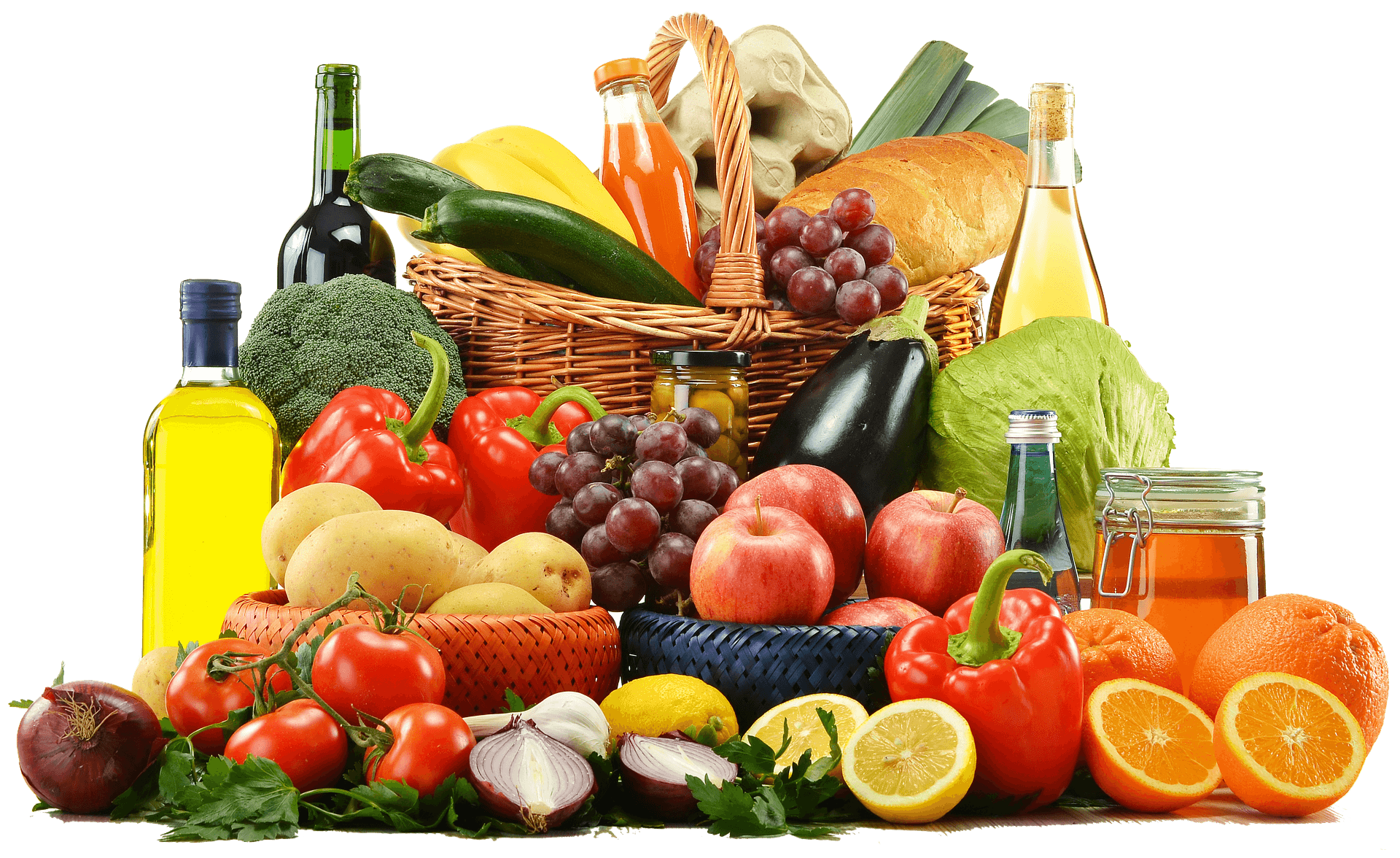 Verschiedenes Obst und Gemüse wie Bananen, Zwiebeln, Tomaten, Orangen, Kartoffeln