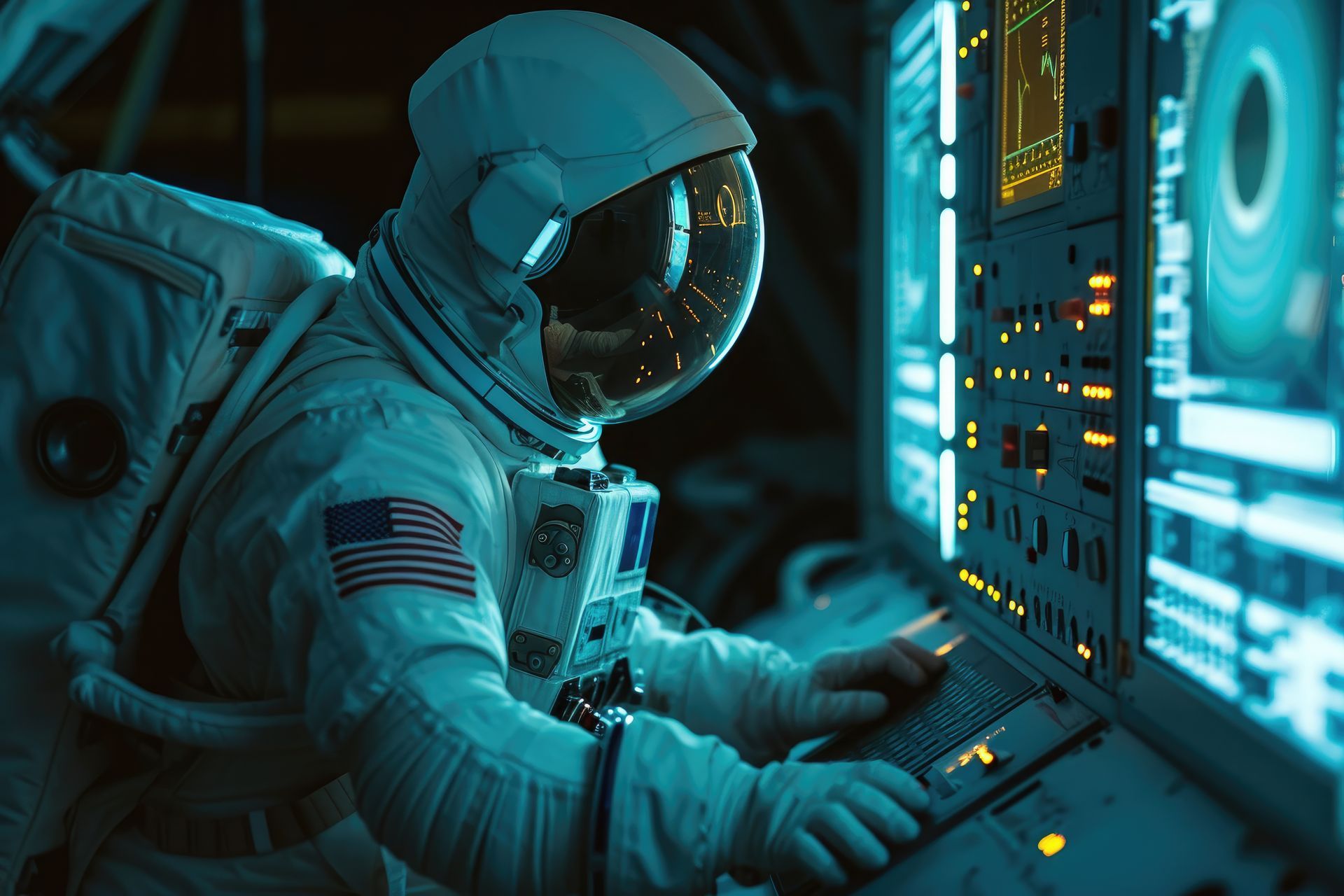 Um astronauta está trabalhando em um computador no espaço.