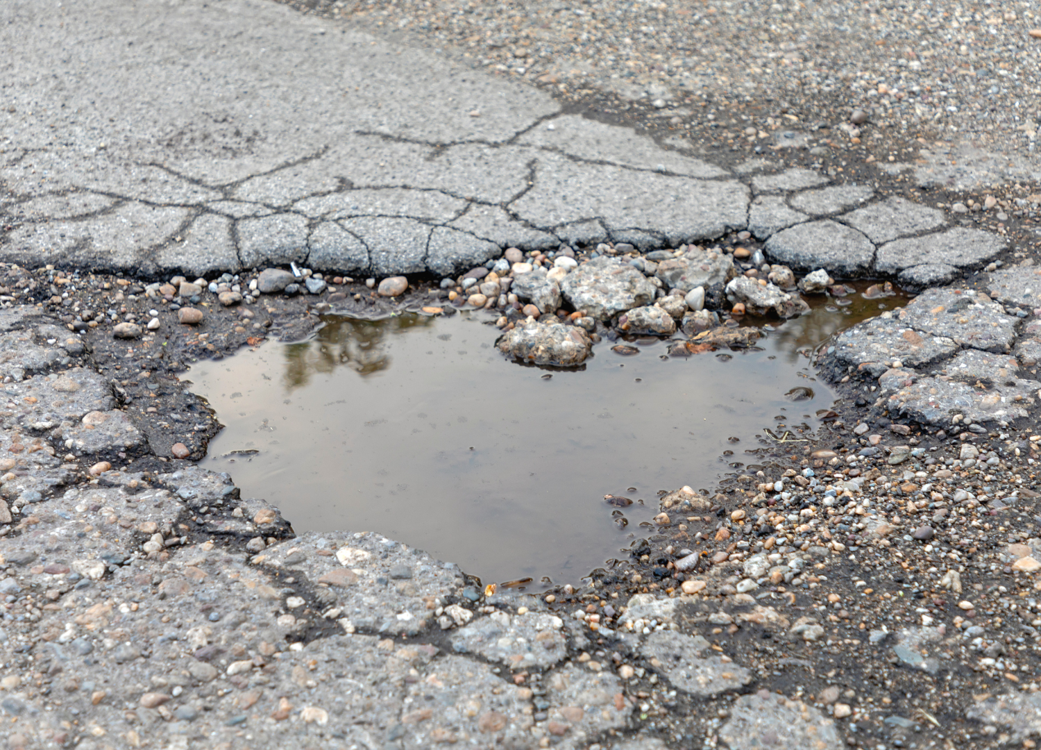 Pothole filled with water on cracked asphalt road.