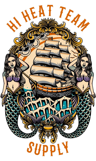 A logo for a company called hi heat team supply with mermaids and a ship.