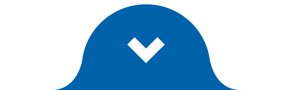 Blue abstract shape with a white downward-pointing chevron.