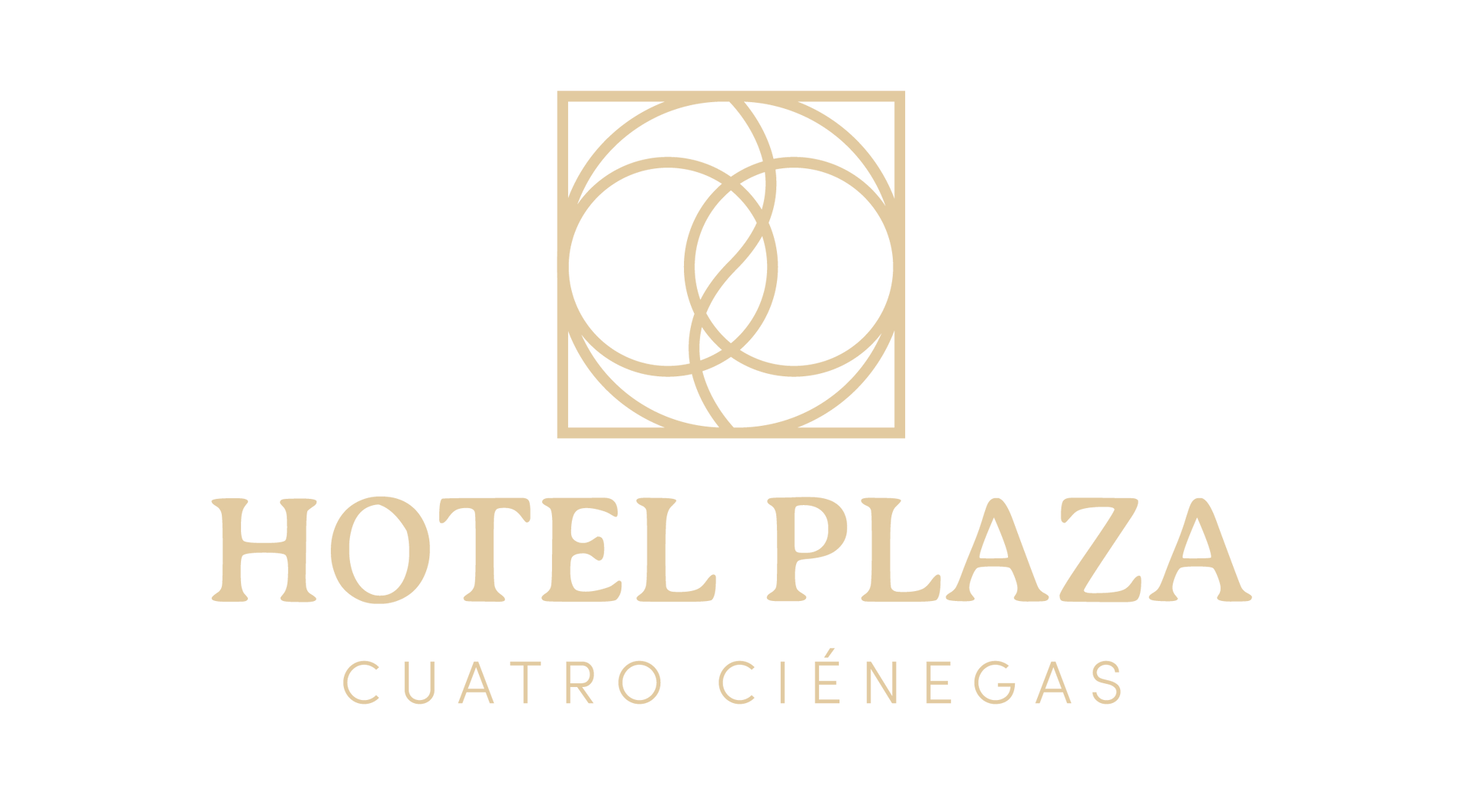 A white logo for hotel plaza cuatro cienegas