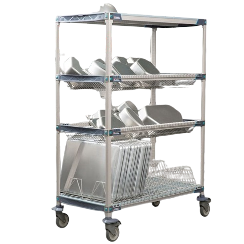 A stainless steel rolling wire cart with four shelves, holding various metal baking pans and trays.