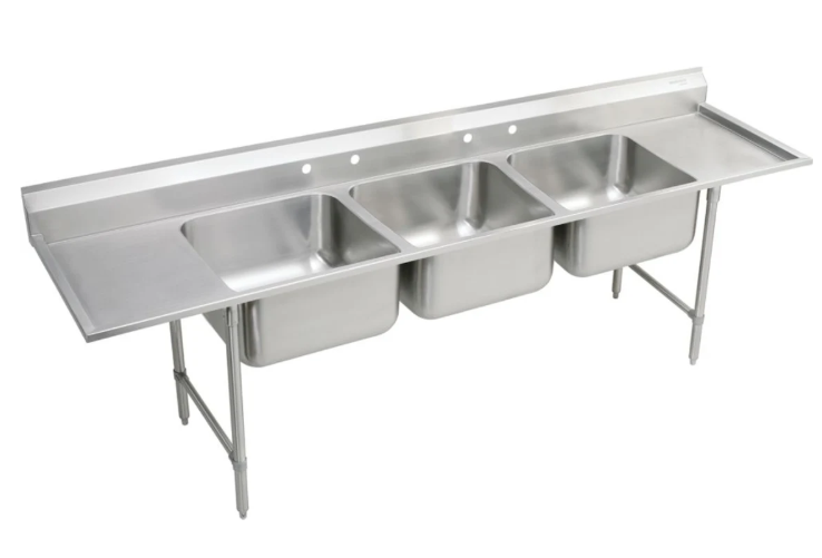 Stainless steel three-compartment commercial sink with two drainboards on a metal frame.