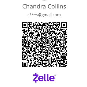 A Zelle payment QR code for Chandra Collins with their email, print icon, and share icon.