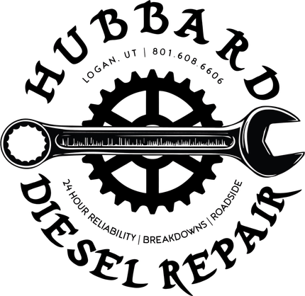 Black and white logo for Hubbard Diesel Repair. A wrench is centered over a gear, with the company name and contact information circling the edge.