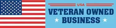 U.S. flag with blue "VETERAN OWNED BUSINESS" text on a white background
