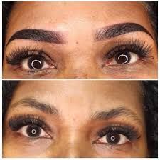 Before and after eyebrow enhancement showing fuller, defined brows.