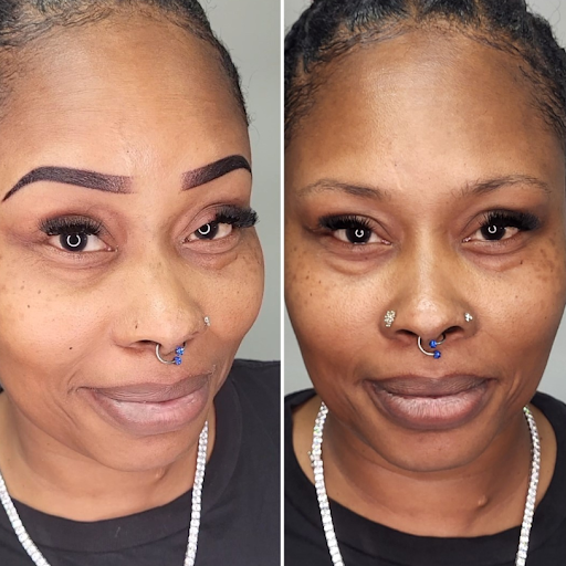 Before-and-after: left with bold brows and lash extensions, right natural brows and lashes.